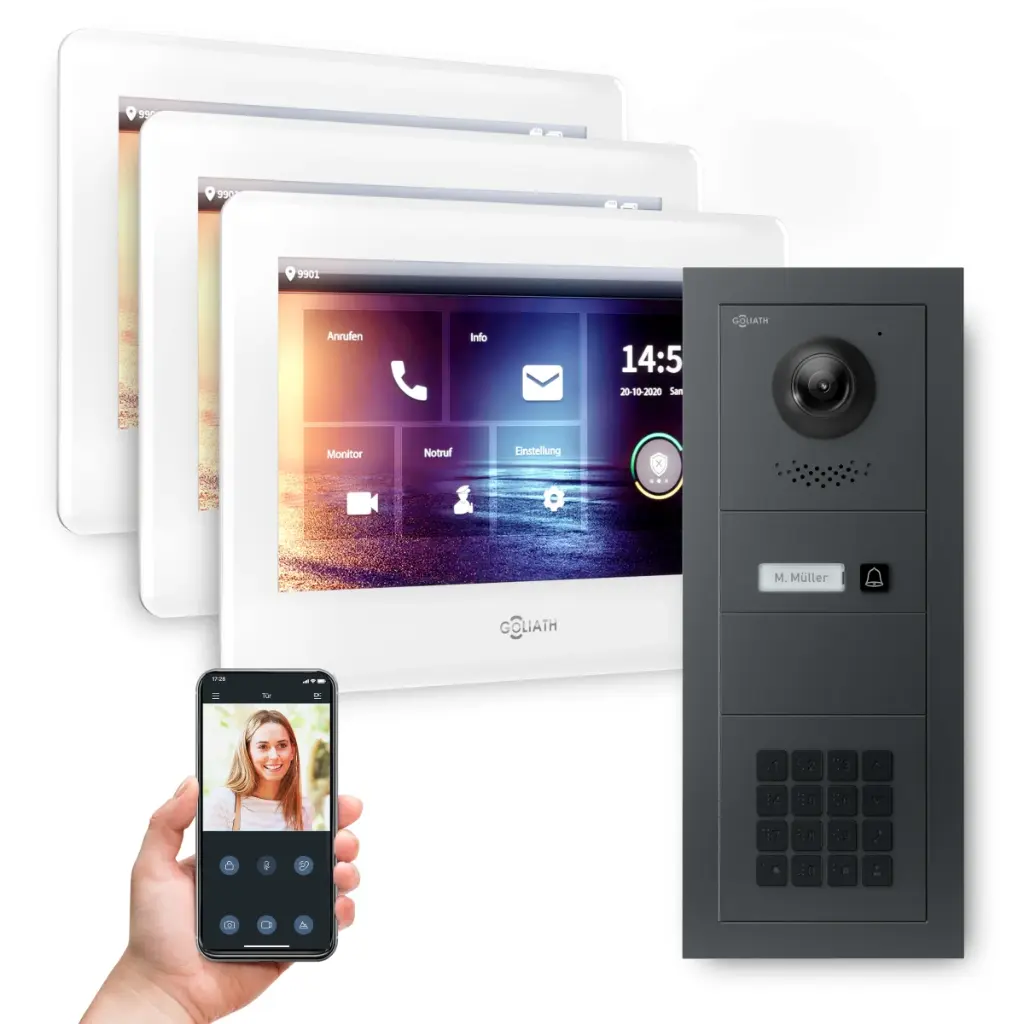 GOLIATH Hybrid 2-Draht BUS Video Türsprechanlage Anthrazit 3x7 Zoll Weiß Keypad 