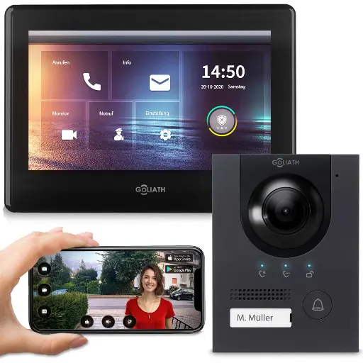 [AV-BUS-106]  Hybrid 2-Draht BUS Videoprechanlage | App | Anthrazit | 1 Fam. | 7" | Unterputz | 180°