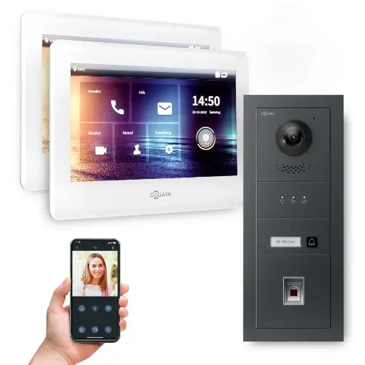 [AV-BUS-639] GOLIATH Hybrid 2-Draht BUS Video Türsprechanlage Anthrazit 2x7"Weiß Fingerprint