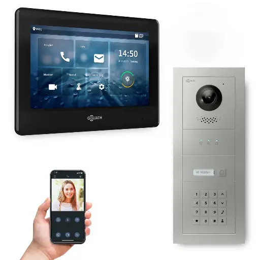 [AV-BUS-535] GOLIATH Hybrid 2-Draht BUS Video Türsprechanlage App 7" Schwarz Keypad 