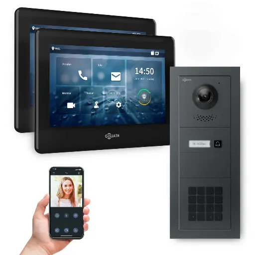 [AV-BUS-654] GOLIATH Hybrid 2-Draht BUS Videosprechanlage Anthrazit 2x7 Zoll Schwarz Keypad