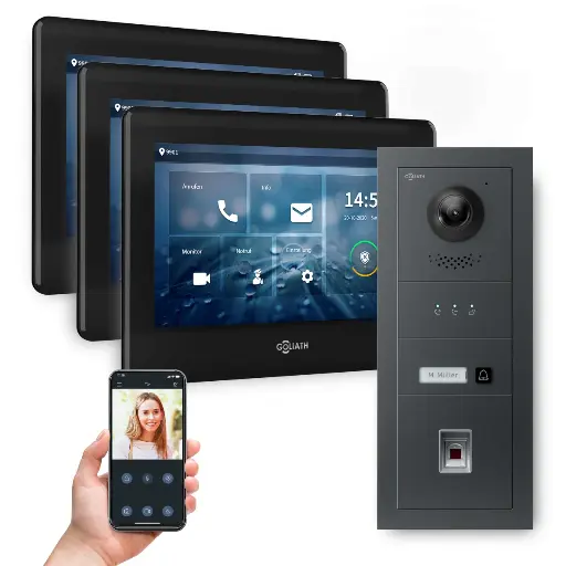 [AV-BUS-643] GOLIATH Hybrid 2-Draht BUS Videosprechanlage Anthrazit  3x7"Schwarz Fingerprint 