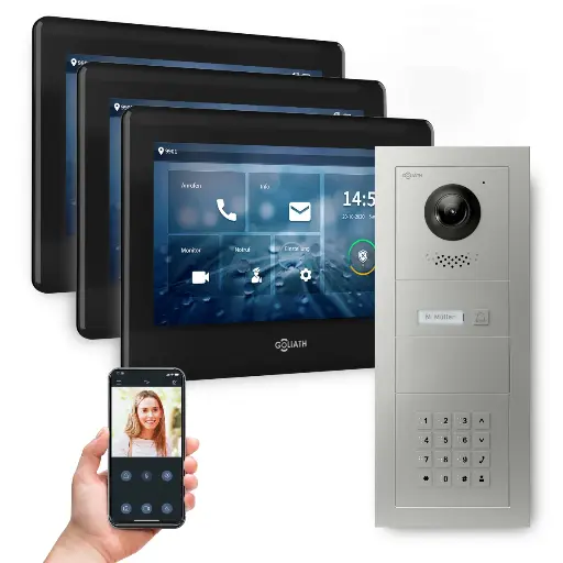 [AV-BUS-555] GOLIATH Hybrid 2-Draht BUS Videosprechanlage 3x7 Zoll Schwarz Keypad 