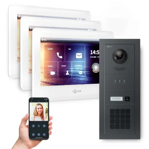 [AV-BUS-634] GOLIATH Hybrid 2-Draht BUS Videotürsprechanlage Anthrazit 3x7 Zoll Weiß Keypad