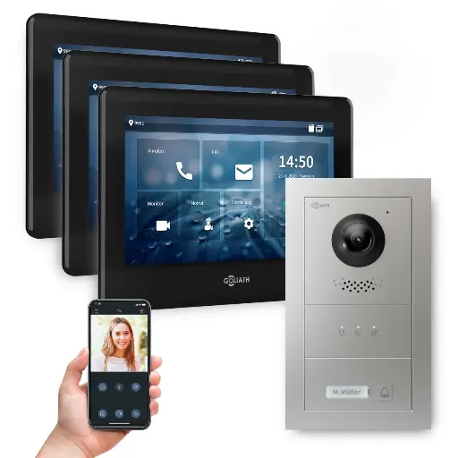 [AV-BUS-517] GOLIATH Hybrid 2-Draht BUS Videotürsprechanlage App 3x7 Zoll Schwarz