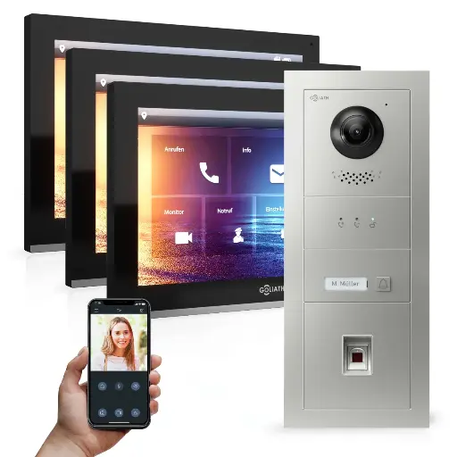 [AV-IPS-549] GOLIATH Hybrid IP Video Sprechanlage 1-Familie 3x 10 Zoll HD Fingerprint 180° Kamera
