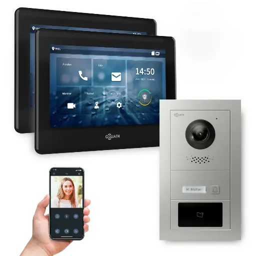 [AV-IPS-707] Goliath Hybrid IP Video Türsprechanlage mit App 1 Fam  Silber 2x7 Zoll Schwarz 